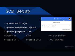 GCE Setup
$ gcloud auth login
$ gcloud components update
$ gcloud projects list
PROJECT_ID NAME PROJECT_NUMBER
meetbsd-2016 meetbsd-2016 474274720932
 