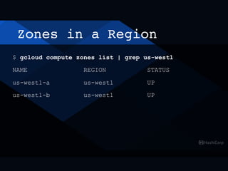 Zones in a Region
$ gcloud compute zones list | grep us-west1
NAME REGION STATUS
us-west1-a us-west1 UP
us-west1-b us-west1 UP
 