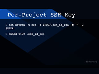 $ ssh-keygen -t rsa -f $PWD/.ssh_id_rsa -N '' -C
$USER
$ chmod 0400 .ssh_id_rsa
Per-Project SSH Key
 