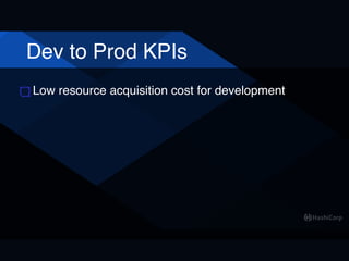 Dev to Prod KPIs
Low resource acquisition cost for development
 
