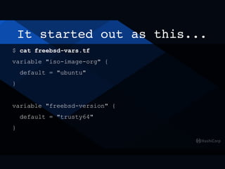 It started out as this...
$ cat freebsd-vars.tf
variable "iso-image-org" {
default = "ubuntu"
}
variable "freebsd-version" {
default = "trusty64"
}
 