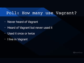 Poll: How many use Vagrant?
• Never heard of Vagrant
• Heard of Vagrant but never used it
• Used it once or twice
• I live in Vagrant
 