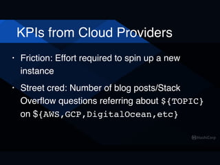 KPIs from Cloud Providers
• Friction: Effort required to spin up a new
instance
• Street cred: Number of blog posts/Stack
Overﬂow questions referring about ${TOPIC}
on ${AWS,GCP,DigitalOcean,etc}
 