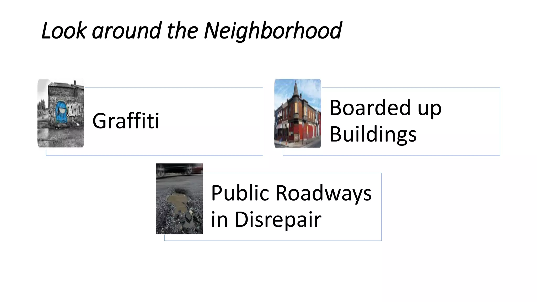 Look around the Neighborhood
Graffiti
Boarded up
Buildings
Public Roadways
in Disrepair
 