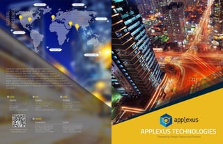 APPLEXUS TECHNOLOGIES
GLOBAL
PRESENCE
Powered by People, Passion and Process
Seattle, USA London, UK
Sharjah, UAE
Trivandrum, IND
Atlanta, USA
Cochin, IND
145-157 St John Street
London, EC1V 4PW
England
Phone: +44(207) 993-2816
3rd Floor, Amstor Building
No. 1 Technopark Campus
Trivandrum - 695 581
Phone:+91(471) 270-0900
Q1-09-067/A
P.O.BOX: 9581
Sharjah - UAE
Phone: +971 6 552-9754
Ground Floor, Athulya Building
Infopark Campus, Kakkanad
Cochin - 682 042
Phone:+91(484) 401-5285
UK
INDIA
UAE
Trivandrum Cochin
SharjahLondon
33507 9th Avenue South
Federal Way
WA-98003
Phone: +1(206) 249-0900
USA
Seattle
contact@applexus.com
www.applexus.com
Applexus is a global Business Consulting and Solutions
Company with a specialized focus on retail, fashion,
consumer products and other strategic industries. Applexus
portfolio of services is offered in support of solutions including ERP,
e-commerce, user experience, business intelligence, cloud and social
media. Applexus is a co-innovation partner for leading software partners
and customers in building next-generation solutions. Applexus is a trusted
partner of a diverse portfolio of organizations worldwide, including Fortune 1000
companies.
 