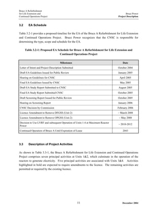Bruce A Refurbishment
for Life Extension and Bruce Power
Continued Operations Project Project Description
3.2 EA Schedule
Table 3.2-1 provides a proposed timeline for the EA of the Bruce A Refurbishment for Life Extension
and Continued Operations Project. Bruce Power recognizes that the CNSC is responsible for
determining the type, scope and schedule for the EA.
Table 3.2-1: Proposed EA Schedule for Bruce A Refurbishment for Life Extension and
Continued Operations Project
Milestones Date
Letter of Intent and Project Description Submitted October 2004
Draft EA Guidelines Issued for Public Review January 2005
Hearing on Guidelines for CNSC April 2005
Final EA Guidelines Issued by CNSC May 2005
Draft EA Study Report Submitted to CNSC August 2005
Final EA Study Report Submitted CNSC October 2005
Draft Screening Report Issued for Public Review October 2005
Hearing on Screening Report January 2006
CNSC Decision by Commission February 2006
Licence Amendment to Remove DFGSS (Unit 2) ~ March 2008
Licence Amendment to Remove OPGSS (Unit 2) ~ May 2008
Decision to Use LVRF and subsequent Operation of Units 1-4 at Maximum Reactor
Power
~ 2010-2012
Continued Operation of Bruce A Until Expiration of Lease 2043
3.3 Description of Project Activities
As shown in Table 3.3-1, the Bruce A Refurbishment for Life Extension and Continued Operations
Project comprises seven principal activities at Units 1&2, which culminate in the operation of the
reactors to generate electricity. Five principal activities are associated with Units 3&4. Activities
highlighted in bold are expected to require amendments to the licence. The remaining activities are
permitted or required by the existing licence.
December 200411
 
