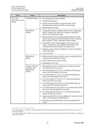 Bruce A Refurbishment
for Life Extension and Bruce Power
Continued Operations Project Project Description
Class Waste Description
Purification Wastes • Ion exchange (IX) resins and filters
• Periodically generated
• Annual volume fluctuates, is typically small3
, and is
dependent upon extent and number of unit outages
• Intermediate-level waste
Maintenance
Wastes
• Compactable wastes, including respirator filters, light gauge
metals, welding rods, metal cans, insulation, metallic air
filters, air hose and small cables
• Non-processible wastes including lathe turnings and metal
filings, heavy gauge metal and components, floor sweepings,
glass, metallic air filters, and larger electrical cables
• Combustible wastes including paper, plastic booties and
bottles, wood, plastic suits, cardboard, mop heads, cloth,
ventilation filters (non-metallic), and safety shoes
• Moderate annual volumes4
(hundreds of cubic metres before
volume reduction)
• Low-level waste
Bituminized
Wastes
• Effluent from the reverse osmosis system, concentrated in an
evaporator and solidified in bitumen
• Small volumes (tens of cubic metres)
• Intermediate-level waste
Low- and
Intermediate-Level
Wastes
Pressure Tube and
Calandria Tube
Replacement
Wastes
• 480 separate 0.1m by 6 m, 60 kg pressure tubes per reactor
unit (intermediate-level waste)
• Up to 960 separate 0.2 m by 2.5 m, 300 kg end fittings per
reactor unit (intermediate-level waste)
• Up to 960 separate 0.1 m by 1.2 m, 80 kg shield plugs per
reactor unit (intermediate-level waste)
• Up to 960 separate 0.1 m by 0.1 m, 13 kg closure plugs per
reactor unit (low-level waste)
• Up to 480 separate 0.1 m by 6 m, 22 kg calandria tubes per
reactor unit (intermediate-level waste)
• Up to 960 separate 0.1m by 0.05 m, 1 kg calandria tube inserts
per reactor unit (intermediate-level waste)
• Up to 960 typically 0.08 m by 15 m, 92 kg feeder pipes per
reactor unit (low-level waste)
• Approximately 500 m3
/unit/year additional “routine low-level
waste” for the duration of refurbishment
• Miscellaneous decontamination wastes (intermediate-level
waste)
3
E.g., approximately 6 m3
in 2003 (i.e., pre-restart of Bruce A Units 3&4), and estimated to be about 30 m3
in 2004 (i.e., post-restart of
Bruce A Units 3&4)
4
E.g., approximately 1030 m3
in 2003 (i.e., pre-restart of Bruce A Units 3&4), and estimated to be about 610 m3
in 2004 (i.e., post restart of
Bruce A Units 3&4)
December 200421
 