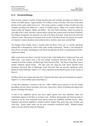 Bruce A Refurbishment
for Life Extension and Bruce Power
Continued Operations Project Project Description
6.1.5 Terrestrial Biology
Bruce County contains a number of large forested areas and wetlands, providing core habitat for a
variety of wildlife species. Approximately 37% of Bruce County is forested, with much of the north
portion of the county under forest cover. The county contains a number of large forested areas and
wetlands, providing core habitat for a variety of wildlife species. Major river systems within the
region include the Saugeen, Sauble, and Rankin. The Lake Huron shoreline, which runs along the
west edge of the County, provides a natural habitat corridor that extends north to the Bruce Peninsula.
The Niagara Escarpment runs along the east side of the Bruce Peninsula, which forms the north end
of Bruce County. The natural environment in the vicinity of the Bruce Power site consists of a mosaic
of immature to mature deciduous and coniferous forest, wetlands, open water, and old field.
The Douglas Point Swamp, which is located within the Bruce Power site, is a locally significant
wetland that is dominated by eastern white cedar swamp communities. Stream C runs through the
Bruce Power site before discharging to Lake Huron through Baie du Doré, a recognized provincially-
significant wetland.
Other watercourses near Bruce A include Tiverton Creek, Little Sauble River, Underwood Creek, and
Mill Creek. Core natural areas in the area include: Inverhuron Provincial Park; Baie du Doré
wetland; Scott Point wetland; and MacGregor Point Provincial Park. The Huron Fringe Deer Yard is
another important natural feature. This deer yard runs along the Lake Huron shoreline from
Inverhuron Provincial Park to MacGregor Point Provincial Park and provides significant winter
habitat for white-tailed deer. Figure 6.1.5-1 shows significant environmental features in the vicinity of
Bruce A.
The Bruce Power site is large and much of it is forested with white cedar as the dominant tree species.
Figure 6.1.5-2 shows habitat types around Bruce A.
A large deer population is present on the site. Other wildlife species present on the site include
groundhog, raccoon, beaver, porcupine, brown bat, coyote and a variety of breeding and migrant bird
species, including wild turkeys.
A total of ten amphibian species and seven reptile species have been identified within and
immediately adjacent to the Bruce A exclusion zone. Northern spring peeper and American toad are
reported to be the most commonly heard species during the amphibian breeding season. Other
frequently encountered amphibians included northern leopard frog, green frog, gray treefrog, and
wood frog. Eastern garter snake was the most commonly encountered reptile. Midland painted
turtles were also observed relatively frequently.
December 200431
 