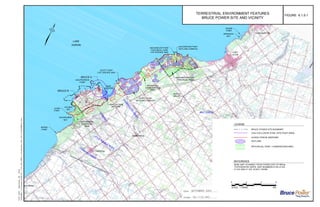 BRUCE A
BRUCE B
LAKE
HURON
BAIE
DU DORE
MACPHERSON
POINT
SCOTT POINT
LIFE SCIENCE ANSI
GUNN
POINT
HOLMES
BAY
INVERHURON
BAY
MCRAE
POINT
MACGREGOR POINT
PROVINCIAL PARK
MIRAMICHI
BAY
CHANTRY
ISLAND
MCNAB
POINT
ARRANLAKE
RON RIDGE
TIVERTON
PORT
ELGIN
UNDERWOOD
NORTH
BRUCE
SOUTHAMPTON
TIVERTON
CREEK
LITTLE
SAUBLE
RIVER
STREAM
C
UNDERW
O
OD
CREEK
MILL CREEK
MACGREGOR POINT
PROVINCIAL PARK
BRUCEDALE
CONSERVATION
AREA
INVERHURON
PROVINCIAL
PARK
BAIE DU DORE
WETLAND
SCOTT POINT
WETLAND COMPLEX
LIFE SCIENCE ANSI
MACGREGOR POINT
WETLAND COMPLEX
LEGEND
BRUCE POWER SITE BOUNDARY
914m EXCLUSION ZONE (SITE STUDY AREA)
REFERENCE
BASE MAP SCANNED FROM PAPER COPY OF NRCan
TOPOGRAPHIC MAPS. MAP NUMBERS 41A/4, 41A/5,
41 A/3 AND 41 A/6, SCALE 1:50 000.
FIGURE
BRUCE POWER SITE AND VICINITY
TERRESTRIAL ENVIRONMENT FEATURES 6.1.5-1
0
SCALE
2 2 4
1:100000 KM
HURON FRINGE DEERYARD
WETLAND
PROVINCIAL PARK / CONSERVATION AREA
 