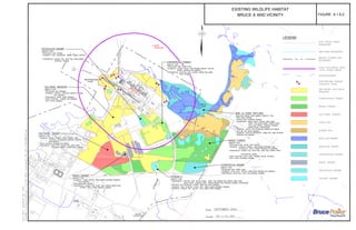 L A K E
H U R O N
BRUCE
A
POINT
MACPHERSON
CNR
WNTC
CMF
BRUCE
STORES
CENTRAL
GUARDHOUSE
FOREBAY
1
2
3
4
DISCHARGECHANNEL
DOCK
C.W INTAKE TUNNEL
INTAKE
C.W
. INTAKE CHANNEL
SW
ITCHING
AREA
SW
ITCHING
AREA
PARKING
AREA
PARKING
AREA
SWITCHYARD
HYDRO ONE
UNIT
UNIT
UNIT
UNIT
Baie du
Dore
STREAMC
STREAM
B
LEGEND
WATERFOWL SURVEY
CONTROL SITES
WATERCOURSE
BRUCE POWER SITE
BOUNDARY
( SITE STUDY AREA)
914m EXCLUSION ZONE
A
BOUNDARY
SITE STUDY AREA
DRY-MOIST OLD FIELD
MEADOW
CONIFEROUS FOREST
MIXED FOREST
CULTURAL THICKET
OPEN FEN
SHRUB FEN
SHALLOW MARSH
SHALLOW WATER
CONIFEROUS SWAMP
DECIDUOUS SWAMP
THICKET SWAMP
WETLAND BOUNDARY
A
B
E
G
F
C
D
MIXED SWAMP
(breeding, foraging)
snake (foraging)
* Herpetofauna - American toad, northern leopard frog, garter
warbler (breeding and migratory)
* Songbirds - northern flicker, white-throated sparrow, mourning
* White-tailed deer (winter cover)
HABITAT FOR:
CONIFEROUS FOREST
* Wild Turkey (breeding, foraging)
* Small mammals (cavity trees, deadfall, burrows, and dens)
(overwintering habitat)
snake, garter snake (breeding habitat in vernal pools,
* Herpetofauna - leopard frog, wood frog, green frog, northern ribbon
woodpecker, brown creeper (breeding and migratory)
* Songbirds - American redstart, black-capped chickadee, hairy
* White-tailed deer (winter cover, browse)
HABITAT FOR:
MIXED FOREST
(breeding and migratory)
* Songbirds - common yellowthroat, sedge wren, alder flycatcher
mud flat use during migration)
* Waterfowl, herons, and shorebirds (loafing and foraging,
habitat in pools, overwintering)
frog, gray treefrog, mudpuppy (breeding
green frog, spring peeper, midland chorus
* Herpetofauna - garter snake, northern water snake,
* Painted turtle (breeding, feeding)
* Bald eagle (feeding)
SHALLOW WATER AND MARSH HABITAT FOR:
BAIE du DORE WETLAND
* Herpetofauna - green frog, wood frog (breeding, foraging)
* Songbirds - winter wren, northern waterthrush (breeding and migratory)
* White-tailed deer (winter cover)
HABITAT FOR:
CONIFEROUS SWAMP
* Mammals - meadow vole, raccoon, mink, striped skunk (foraging)
* Songbirds - alder flycatcher, house wren, yellow warbler (breeding, foraging)
* Waterfowl and shorebirds - mallard, great blue heron (foraging)
garter snake, snapping turtle, midland painted turtle (breeding, foraging, overwintering)
* Herpetofauna - American toad, spring peeper, green frog, leopard frog, northern water snake,
HABITAT FOR:
STREAM C
northern ribbon snake (breeding, foraging)
* Herpetofauna - leopard frog, green frog, midland painted turtle,
* White-tailed deer (browse)
and migratory)
* Songbirds - indigo bunting, black-capped chickadee (breeding
HABITAT FOR:
MIXED SWAMP
(breeding habitat in vernal pools, foraging)
* Herpetofauna - green frog, leopard frog, garter snake
* Small mammals (foraging and shelter)
and migratory)
waxwing, rose-breasted grosbeak (breeding
* Songbirds - eastern kingbird, brown thrasher, cedar
HABITAT FOR:
CULTURAL THICKET
* Wild Turkey (foraging)
* Small mammals - meadow vole (foraging)
* Herpetofauna - garter snake (foraging)
and migratory)
* Songbirds - bobolink, savannah sparrow (breeding
* White-tailed deer (foraging)
HABITAT FOR:
CULTURAL MEADOW
* Herpetofauna - leopard frog, wood frog, spring peeper,
yellowthroat (breeding and migratory)
* Songbirds - hairy woodpecker, eastern kingbird, common
* White-tailed deer (browse)
HABITAT FOR:
DECIDUOUS SWAMP
FIGUREBRUCE A AND VICINITY
EXISTING WILDLIFE HABITAT
6.1.5-2
 