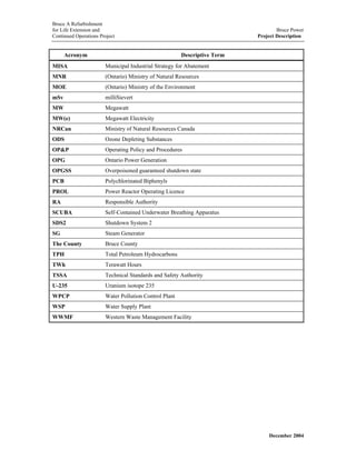 Bruce A Refurbishment
for Life Extension and Bruce Power
Continued Operations Project Project Description
Acronym Descriptive Term
MISA Municipal Industrial Strategy for Abatement
MNR (Ontario) Ministry of Natural Resources
MOE (Ontario) Ministry of the Environment
mSv milliSievert
MW Megawatt
MW(e) Megawatt Electricity
NRCan Ministry of Natural Resources Canada
ODS Ozone Depleting Substances
OP&P Operating Policy and Procedures
OPG Ontario Power Generation
OPGSS Overpoisoned guaranteed shutdown state
PCB Polychlorinated Biphenyls
PROL Power Reactor Operating Licence
RA Responsible Authority
SCUBA Self-Contained Underwater Breathing Apparatus
SDS2 Shutdown System 2
SG Steam Generator
The County Bruce County
TPH Total Petroleum Hydrocarbons
TWh Terawatt Hours
TSSA Technical Standards and Safety Authority
U-235 Uranium isotope 235
WPCP Water Pollution Control Plant
WSP Water Supply Plant
WWMF Western Waste Management Facility
December 2004
 