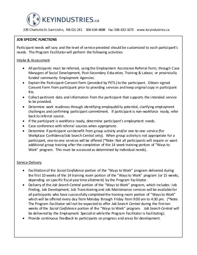 WTW Program Facilitator Job Description