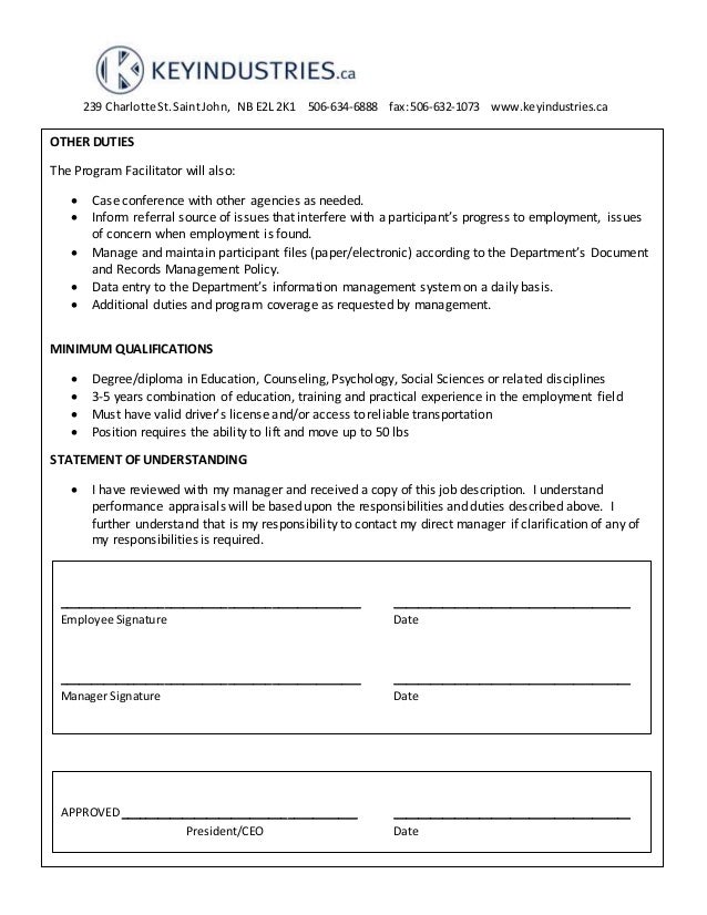 WTW Program Facilitator Job Description