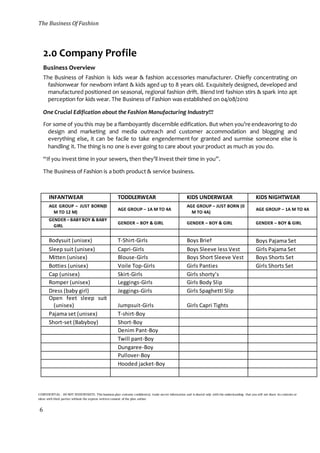 The Business Of Fashion
CONFIDENTIAL - DO NOT DISSEMINATE. This business plan contains confidential, trade-secret information and is shared only with the understanding that you will not share its contents or
ideas with third parties without the express written consent of the plan author.
6
2.0 Company Profile
Business Overview
The Business of Fashion is kids wear & fashion accessories manufacturer. Chiefly concentrating on
fashionwear for newborn infant & kids aged up to 8 years old. Exquisitely designed, developed and
manufactured positioned on seasonal, regional fashion drift. Blend Intl fashion stirs & spark into apt
perception for kids wear. The Business of Fashion was established on 04/08/2010
One Crucial Edification about the Fashion Manufacturing Industry!!!
For some of youthis may be a flamboyantly discernible edification. But when you’re endeavoring to do
design and marketing and media outreach and customer accommodation and blogging and
everything else, it can be facile to take engenderment for granted and surmise someone else is
handling it. The thing is no one is ever going to care about your product as much as you do.
“If you invest time in your sewers, then they’ll invest their time in you”.
The Business of Fashion is a both product & service business.
INFANTWEAR TODDLERWEAR KIDS UNDERWEAR KIDS NIGHTWEAR
AGE GROUP – JUST BORN(0
M TO 12 M)
AGE GROUP – 1A M TO 4A
AGE GROUP – JUST BORN (0
M TO 4A)
AGE GROUP – 1A M TO 4A
GENDER – BABYBOY & BABY
GIRL
GENDER – BOY & GIRL GENDER – BOY & GIRL GENDER – BOY & GIRL
Bodysuit (unisex) T-Shirt-Girls Boys Brief Boys Pajama Set
Sleep suit (unisex) Capri-Girls Boys Sleeve less Vest Girls Pajama Set
Mitten (unisex) Blouse-Girls Boys Short Sleeve Vest Boys Shorts Set
Botties (unisex) Voile Top-Girls Girls Panties Girls Shorts Set
Cap (unisex) Skirt-Girls Girls shorty’s
Romper (unisex) Leggings-Girls Girls Body Slip
Dress (baby girl) Jeggings-Girls Girls Spaghetti Slip
Open feet sleep suit
(unisex) Jumpsuit-Girls Girls Capri Tights
Pajama set (unisex) T-shirt-Boy
Short-set (Babyboy) Short-Boy
Denim Pant-Boy
Twill pant-Boy
Dungaree-Boy
Pullover-Boy
Hooded jacket-Boy
 