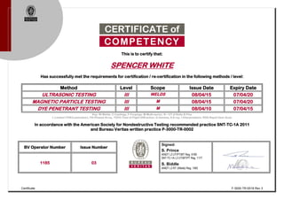 Certificate F-3000-TR-0018 Rev 3
CERTIFICATE of
COMPETENCY
This is to certify that:
SPENCER WHITE
Has successfully met the requirements for certification / re-certification in the following methods / level:
Method Level Scope Issue Date Expiry Date
ULTRASONIC TESTING III WELDS 08/04/15 07/04/20
MAGNETIC PARTICLE TESTING III M 08/04/15 07/04/20
DYE PENETRANT TESTING III M 08/04/10 07/04/15
Key: W-Welds, C-Castings, F-Forgings, M-Multi-sector, B – UT of Bolts & Pins
L-Limited (THK/Lamination), PA-Phased Array, TOFD-Time of Flight Diffraction, G-Gamma, X-X-ray, I-Interpretation, RGS-Rapid Gear Scan.
In accordance with the American Society for Nondestructive Testing recommended practice SNT-TC-1A 2011
and Bureau Veritas written practice P-3000-TR-0002
BV Operator Number Issue Number
Signed:
S. Prince
AINDT L3 UT/PT/MT Reg. 4189
SNT-TC-1A L3 UT/MT/PT Reg. 1177
S. Biddle
AINDT L3 RT (Welds) Reg. 1483
1185 03
 