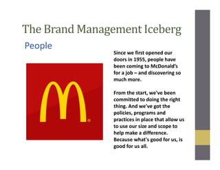 The Brand Management Iceberg
People
Since we first opened our
doors in 1955, people have
been coming to McDonald’s
for a job – and discovering so
much more.
From the start, we've been
committed to doing the right
thing. And we've got the
policies, programs and
practices in place that allow us
to use our size and scope to
help make a difference.
Because what's good for us, is
good for us all.
 