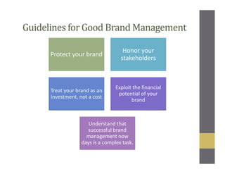 Guidelines for Good Brand Management
Protect your brand
Honor your
stakeholders
Treat your brand as an
investment, not a cost
Exploit the financial
potential of your
brand
Understand that
successful brand
management now
days is a complex task.
 