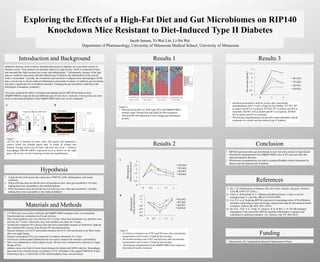 Exploring the Effects of a High-Fat Diet and Gut Microbiomes on RIP140
Knockdown Mice Resistant to Diet-Induced Type II Diabetes	
Jacob Jensen, Yi-Wei Lin, Li-Na Wei
Department of Pharmacology, University of Minnesota Medical School, University of Minnesota
Introduction and Background
Figure 1:
Metabolic diseases, such as obesity and diet-induced type II diabetes, are a prevalent concern in
Western society. These diseases are primarily linked to a high fat diet, which is composed of trans
and saturated fats, high fructose corn syrup, and carbohydrates1. Unfortunately, because of the high
glucose conditions associated with diet-induced type II diabetes, the inflammation of the arterial
walls is accelerated2. Typically, the recruitment and activation of adipose tissue macrophages (ATM)
play a crucial role in obesity-induced inflammation and insulin resistance. In addition, gut microbiota
may play a significant role in metabolic disorders. Changing the gut microbiota could lead to the
elimination of metabolic syndrome3.
This study explored the effects of feeding macrophage-specific RIP140 knockdown mice
(MφRIP140KD) a high-fat diet and different types of mice feces. Typically, wild type mice are more
prone to diet-induced diabetes while MφRIP140KD show less severe symptoms4.
Figure 1:
(A) Oil red O staining of aortic sinus (left panel) and quantitative
relative lesion size (middle panel) after 16 weeks of western diet
feeding. Average lesion size of ApoE null mice was set as 1. Relative
macrophagic RIP140 mRNA expression level is shown on the right
panel. (B) en face oil red O staining of aorta and quantification. 
Hypothesis
1.  A high-fat diet will increase the expression of RIP140, ATM, inflammation, and insulin
resistance.
2.  When wild type mice are fed the feces of knockdown mice, their gut microbiota’s will alter,
making them less susceptible to diet induced diabetes.
3.  When knockdown mice are fed the feces of wild type mice, their gut microbiota’s will alter,
making them more susceptible to diet induced diabetes4.
Materials and Methods
Results 1 Results 3
Conclusion
•  C57/BL6 mice were used as wild type and MφRIP140KD transgenic mice were generated
•  Experimentations commenced on 8 week old mice
•  Mice from hypothesis one were fed diets for 12 weeks. Mice from hypotheses two and three were
fed diets for 7 weeks. Afterwards, they were fed their own feces for 7 weeks
•  Normal diet contained 18% calories from diet and no detectable amounts of cholesterol. High fat
diet contained 60% calories from fat and 345 mg cholesterol/mg
•  Glucose tolerance test (GTT) and insulin tolerance test (ITT) were performed every three weeks
after over night fasting
•  Oxygen consumption (vO2) was measured via indirect calorimetry for 2 days
•  Fluorescein isothiocyanate labeled dextran was used to measure the intestine’s permeability
•  Mice were euthanized to collect adipose tissue. All mice were euthanized by exposure to a legal
dosage of CO2
•  Adipose tissue was fixed in frozen liquid nitrogen for protein and mRNA analysis. Macrophage
harvested from collected tissues was plated at 1x107 cells/plate in the reagent DMEM for 8 days
•  Following 8 days, a western blot of the cultured adipose tissue was performed
	
	
	
	
	
Figure 2:
•  Microbiome profiles of Wild Type (WT) and MφRIP140KD
animals under Normal Diet and High-Fat Diet conditions
•  Diet and RIP140 expression in mice change gut microbiome
profiles
Results 2
	
	
	
	
	
	
	
	
	
	
	
0
0.5
1
1.5
2
2.5
3
0 0.5 1 1.5 2
WT/WT
WT/KD
KD/WT
KD/KD
Bloodglucose
(foldofinitiallevel)
0.6
0.7
0.8
0.9
1
1.1
1.2
0 0.5 1 1.5 2
WT/WT
WT/KD
KD/WT
KD/KD
Bloodglucose
(foldofinitiallevel)
Figure 3:
•  (A) Glucose tolerance test of WT and KD mice after microbiome
transportation and 8 weeks of high-fat diet feeding
•  (B) Insulin tolerance test of WT and KD mice after microbiome
transportation and 8 weeks of high-fat diet feeding
•  Microbiome transplantation from MφRIP140KD mice improves
diet-induced insulin resistance
A
0
0.5
1
1.5
2
2.5
3
0 1 2
WT/WT
WT/KD
KD/WT
KD/KD
Fitc-dextran(ug/mL)
•  Intestinal permeability analysis of mice after microbiome
transplantation after 8 weeks of high-fat diet feeding. WT/WT: WT
as donors and WT as recipients, WT/KD: WT as donors and KD as
recipients, KD/WT: KD as donors and WT as recipients, KD/KD:
KD as donors and KD as recipients.
•  Microbiome transplantations can possibly create affordable clinical
treatments for obesity and diet induced type II diabetes
•  RIP140 expression alters gut microbiome in mice fed with a normal or high-fat diet
•  Microbiome transplantation from MφRIP140KD mice to WT mice prevents diet-
induced metabolic disorders
•  Microbiome transplantations can lead to creating affordable clinical treatments for
obesity and diet-induced type II diabetes
References
1)  Hu, F. B. Globalization of Diabetes The role of diet, lifestyle, and genes. Diabetes
Care 34, 1249-1257 (2011).
2)  Chait, A. & Bornfeldt, K. E. Diabetes and atherosclerosis: is there a role for
hyperglycemia? J. Lipid Res. 50, S335-S339 (2009).
3)  Liu, P.-S. et al. Reducing RIP140 expression in macophage alters ATM infiltration,
facilitates white adipose tissue browning, and prevents high-fat diet-induced insulin
resistance. Diabetes 63, 4021-4031 (2014).
4)  Ho, P.-C., Tsui, Y.-C., Feng, X., Greaves, D. R. & Wei, L.-N. NF-κB-mediated
degradation of the coactivator RIP140 regulates inflammatory responses and
contributes to endotoxin tolerance. Nat. Immunol. 13, 379–386 (2012)
B
Funding
•  Sponsored by the Undergraduate Research Opportunities Project
A B
 