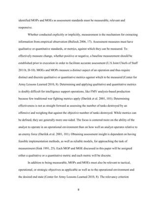8
identified MOPs and MOEs as assessment standards must be measurable, relevant and
responsive.
Whether conducted explicitly or implicitly, measurement is the mechanism for extracting
information from empirical observation (Bullock 2006, 17). Assessment measures must have
qualitative or quantitative standards, or metrics, against which they can be measured. To
effectively measure change, whether positive or negative, a baseline measurement should be
established prior to execution in order to facilitate accurate assessment (U.S Joint Chiefs of Staff
2011b, D-10). MOEs and MOPs measure a distinct aspect of an operation and thus require
distinct and discrete qualitative or quantitative metrics against which to be measured (Center for
Army Lessons Learned 2010, 8). Determining and applying qualitative and quantitative metrics
is doubly difficult for intelligence support operations, like FMV analysis-based production
because few traditional war fighting metrics apply (Darilek et al. 2001, 101). Determining
effectiveness is not as straight forward as assessing the number of tanks destroyed by an
offensive and weighing that against the objective number of tanks destroyed. While metrics can
be defined, they are generally more one-sided. The focus is centered more on the ability of the
analyst to operate in an operational environment than on how well an analyst operates relative to
an enemy force (Darilek et al. 2001, 101). Obtaining assessment insight is dependent on having
feasible implementation methods, as well as reliable models, for approaching the task of
measurement (Sink 1991, 25). Each MOP and MOE discussed in this paper will be assigned
either a qualitative or a quantitative metric and each metric will be discrete.
In addition to being measurable, MOPs and MOEs must also be relevant to tactical,
operational, or strategic objectives as applicable as well as to the operational environment and
the desired end state (Center for Army Lessons Learned 2010, 8). The relevancy criterion
 