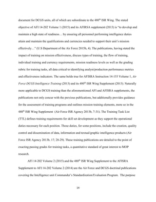 14
document for DCGS units, all of which are subordinate to the 480th
ISR Wing. The stated
objective of AFI 14-202 Volume 1 (2015) and its AFIRSA supplement (2013) is “to develop and
maintain a high state of readiness… by ensuring all personnel performing intelligence duties
attain and maintain the qualifications and currencies needed to support their unit’s mission
effectively…” (U.S Department of the Air Force 2015b, 4). The publications, having stated the
impact of training on mission effectiveness, discuss types of training, the flow of training,
individual training and currency requirements, mission readiness levels as well as the grading
rubric for training tasks, all data critical to identifying analyst/production performance metrics
and effectiveness indicators. The same holds true for AFISRA Instruction 14-153 Volume 1, Air
Force DCGS Intelligence Training (2013) and its 480th
ISR Wing Supplement (2013). Naturally
more applicable to DCGS training than the aforementioned AFI and AFISRA supplements, the
publications not only concur with the previous publications, but additionally provides guidance
for the assessment of training programs and outlines mission training elements, more so in the
480th
ISR Wing Supplement (Air Force ISR Agency 2013b, 7-31). The Training Task List
(TTL) defines training requirements for skill set development as they support the operational
duties necessary for each position. Those duties, for some positions, include the creation, quality
control and dissemination of data, information and textual/graphic intelligence products (Air
Force ISR Agency 2013b, 17; 28-29). These training publications are detailed to the point of
exacting passing grades for training tasks, a quantitative standard of great interest to MOP
research.
AFI 14-202 Volume 2 (2015) and the 480th
ISR Wing Supplement to the AFISRA
Supplement to AFI 14-202 Volume 2 (2014) are the Air Force and DCGS doctrinal publications
covering the Intelligence unit Commander’s Standardization/Evaluation Program. The purpose
 