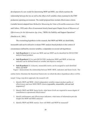29
development of a new model for determining MOP and MOE, one which examines the
relationship between the two as well as the effect of all variables when examined in the FMV
production operating environment. The model proposed does include effectiveness criteria
(variable factors) adapted from Method for Measuring the Value of Scout/Reconnaissance (Veit
and Callero, 1995) and a flow of assessment loosely based upon Chapter Seven of Measures of
Effectiveness for the Information-Age Army, “MOEs for Stability and Support Operations”
(Darilek et al., 2001).
The overarching hypothesis in this research, that MOP and MOE are identifiable,
measurable and can be utilized to evaluate FMV analysis-based products in the context of
circumstances defined by mission variables, is dependent on several sub-hypotheses:
 Sub-Hypothesis 1: At least one MOE and one MOP can be identified for DCGS FMV
analysis-based products
 Sub-Hypothesis 2: For each DCGS FMV production MOE and MOP, at least one
indicator can be defined based on variable and objective analysis
 Sub-Hypothesis 3: A discrete, measurable metric can be assigned to each identified
MOE and MOP
Figure 1 demonstrates the relationship between MOP, MOE, indicators and factor levels. The
outline below illustrates the theoretical framework via which the above hypotheses above will be
tested. Using a top-down approach, the research will:
1. Identify MOP and MOE: which independent variables impact product quality or
effectiveness and meet MOE/MOP criteria (repeatable, measurable, relevant and
responsive)?
2. Identify MOP and MOE factor levels: what factor levels are required to assess degree of
contribution to operational effectiveness?
3. Identify performance and effectiveness indicators: what items of information provide
insight into MOP and MOE analysis?
4. Identify MOP and MOE metrics: how will MOE and MOP be measured?
 