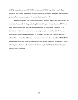 37
(100%), marginally accurate (98-99.9%), or inaccurate (<98%). In defining variable factors
levels, not only can the independent variables be assessed in terms of whether or not they impact
product effectiveness, but degree of impact can be assessed as well.
Although theoretical, one follow-on objective of the study is a practical application of the
assessment framework. Such a practical application will require the identification of MOE and
MOP but also metrics and indicators for each identified MOE and MOP. Following MOE
identification and metric determination, a secondary analysis was conducted to determine
effectiveness and performance indicators for each MOE and MOP, i.e., could a correlative
relationship be demonstrated between certain mission execution elements and each MOE/MOP.
Lastly should this research become operationally incorporated, because of the subjective nature
of intelligence, the case study examines potential biases, both of the production analyst, and of
the intelligence consumer.
 
