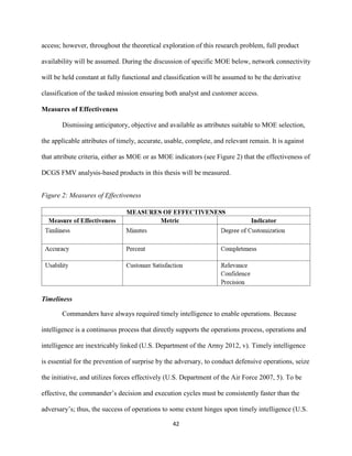42
Figure 2: Measures of Effectiveness
access; however, throughout the theoretical exploration of this research problem, full product
availability will be assumed. During the discussion of specific MOE below, network connectivity
will be held constant at fully functional and classification will be assumed to be the derivative
classification of the tasked mission ensuring both analyst and customer access.
Measures of Effectiveness
Dismissing anticipatory, objective and available as attributes suitable to MOE selection,
the applicable attributes of timely, accurate, usable, complete, and relevant remain. It is against
that attribute criteria, either as MOE or as MOE indicators (see Figure 2) that the effectiveness of
DCGS FMV analysis-based products in this thesis will be measured.
Timeliness
Commanders have always required timely intelligence to enable operations. Because
intelligence is a continuous process that directly supports the operations process, operations and
intelligence are inextricably linked (U.S. Department of the Army 2012, v). Timely intelligence
is essential for the prevention of surprise by the adversary, to conduct defensive operations, seize
the initiative, and utilizes forces effectively (U.S. Department of the Air Force 2007, 5). To be
effective, the commander’s decision and execution cycles must be consistently faster than the
adversary’s; thus, the success of operations to some extent hinges upon timely intelligence (U.S.
 