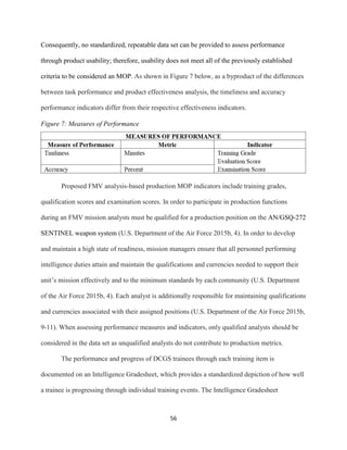 56
Figure 7: Measures of Performance
Consequently, no standardized, repeatable data set can be provided to assess performance
through product usability; therefore, usability does not meet all of the previously established
criteria to be considered an MOP. As shown in Figure 7 below, as a byproduct of the differences
between task performance and product effectiveness analysis, the timeliness and accuracy
performance indicators differ from their respective effectiveness indicators.
Proposed FMV analysis-based production MOP indicators include training grades,
qualification scores and examination scores. In order to participate in production functions
during an FMV mission analysts must be qualified for a production position on the AN/GSQ-272
SENTINEL weapon system (U.S. Department of the Air Force 2015b, 4). In order to develop
and maintain a high state of readiness, mission managers ensure that all personnel performing
intelligence duties attain and maintain the qualifications and currencies needed to support their
unit’s mission effectively and to the minimum standards by each community (U.S. Department
of the Air Force 2015b, 4). Each analyst is additionally responsible for maintaining qualifications
and currencies associated with their assigned positions (U.S. Department of the Air Force 2015b,
9-11). When assessing performance measures and indicators, only qualified analysts should be
considered in the data set as unqualified analysts do not contribute to production metrics.
The performance and progress of DCGS trainees through each training item is
documented on an Intelligence Gradesheet, which provides a standardized depiction of how well
a trainee is progressing through individual training events. The Intelligence Gradesheet
 
