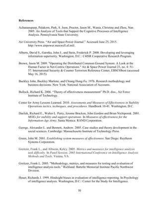 70
References
Achananuparp, Palakorn, Park, S. Joon, Proctor, Jason M., Wania, Christine and Zhou, Nan.
2005. An Analysis of Tools that Support the Cognitive Processes of Intelligence
Analysis. Pennsylvania State University.
Air University Press. “Air and Space Power Journal.” Accessed June 25, 2015.
http://www.airpower.maxwell.af.mil/.
Alberts, David S., Garstka, John J., and Stein, Frederick P. 2000. Developing and leveraging
information superiority. Washington, D.C.: C4ISR Cooperative Research Program.
Brown, Jason M. 2009. "Operating the Distributed Common Ground System: A Look at the
Human Factor in Net-Centric Operations." Air & Space Power Journal 23, no. 4: 51-
57. International Security & Counter Terrorism Reference Center, EBSCOhost (accessed
May 16, 2015)
Buckley John, Buckley Marlene, and Chiang Hung-Fu. 1976. Research methodology and
business decisions. New York: National Association of Accounts.
Bullock, Richard K. 2006. “Theory of effectiveness measurement” Ph.D. diss., Air Force
Institute of Technology.
Center for Army Lessons Learned. 2010. Assessments and Measures of Effectiveness in Stability
Operations tactics, techniques, and procedures. Handbook 10-41. Washington, D.C.
Darilek, Richard E., Walter L. Perry, Jerome Bracken, John Gordon and Brian Nichiporuk. 2001.
MOEs for stability and support operations. In Measures of effectiveness for the
Information-Age Army. Santa Monica: RAND Corporation.
George, Alexander L. and Bennett, Andrew. 2005. Case studies and theory development in the
social sciences. Cambridge: Massachusetts Institute of Technology Press.
Green, John M. 2001. Establishing system measures of effectiveness. San Diego: Raytheon
Systems Corporation.
Greitzer, Frank L., and Allwein, Kelcy. 2005. Metrics and measures for intelligence analysis
task difficulty. In Panel Session, 2005 International Conference on Intelligence Analysis
Methods and Tools. Vienna, VA.
Greitzer, Frank L. 2005. "Methodology, metrics, and measures for testing and evaluation of
intelligence analysis tools.” Richland: Battelle Memorial Institute Pacific Northwest
Division.
Heuer, Richards J. 1999. Hindsight biases in evaluation of intelligence reporting. In Psychology
of intelligence analysis. Washington, D.C.: Center for the Study for Intelligence.
 