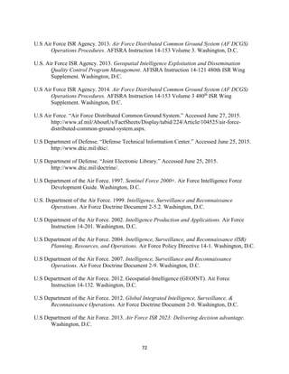 72
U.S Air Force ISR Agency. 2013. Air Force Distributed Common Ground System (AF DCGS)
Operations Procedures. AFISRA Instruction 14-153 Volume 3. Washington, D.C.
U.S. Air Force ISR Agency. 2013. Geospatial Intelligence Exploitation and Dissemination
Quality Control Program Management. AFISRA Instruction 14-121 480th ISR Wing
Supplement. Washington, D.C.
U.S Air Force ISR Agency. 2014. Air Force Distributed Common Ground System (AF DCGS)
Operations Procedures. AFISRA Instruction 14-153 Volume 3 480th
ISR Wing
Supplement. Washington, D.C.
U.S Air Force. “Air Force Distributed Common Ground System.” Accessed June 27, 2015.
http://www.af.mil/AboutUs/FactSheets/Display/tabid/224/Article/104525/air-force-
distributed-common-ground-system.aspx.
U.S Department of Defense. “Defense Technical Information Center.” Accessed June 25, 2015.
http://www.dtic.mil/dtic/.
U.S Department of Defense. “Joint Electronic Library.” Accessed June 25, 2015.
http://www.dtic.mil/doctrine/.
U.S Department of the Air Force. 1997. Sentinel Force 2000+. Air Force Intelligence Force
Development Guide. Washington, D.C.
U.S. Department of the Air Force. 1999. Intelligence, Surveillance and Reconnaissance
Operations. Air Force Doctrine Document 2-5.2. Washington, D.C.
U.S Department of the Air Force. 2002. Intelligence Production and Applications. Air Force
Instruction 14-201. Washington, D.C.
U.S Department of the Air Force. 2004. Intelligence, Surveillance, and Reconnaissance (ISR)
Planning, Resources, and Operations. Air Force Policy Directive 14-1. Washington, D.C.
U.S Department of the Air Force. 2007. Intelligence, Surveillance and Reconnaissance
Operations. Air Force Doctrine Document 2-9. Washington, D.C.
U.S Department of the Air Force. 2012. Geospatial-Intelligence (GEOINT). Air Force
Instruction 14-132. Washington, D.C.
U.S Department of the Air Force. 2012. Global Integrated Intelligence, Surveillance, &
Reconnaissance Operations. Air Force Doctrine Document 2-0. Washington, D.C.
U.S Department of the Air Force. 2013. Air Force ISR 2023: Delivering decision advantage.
Washington, D.C.
 