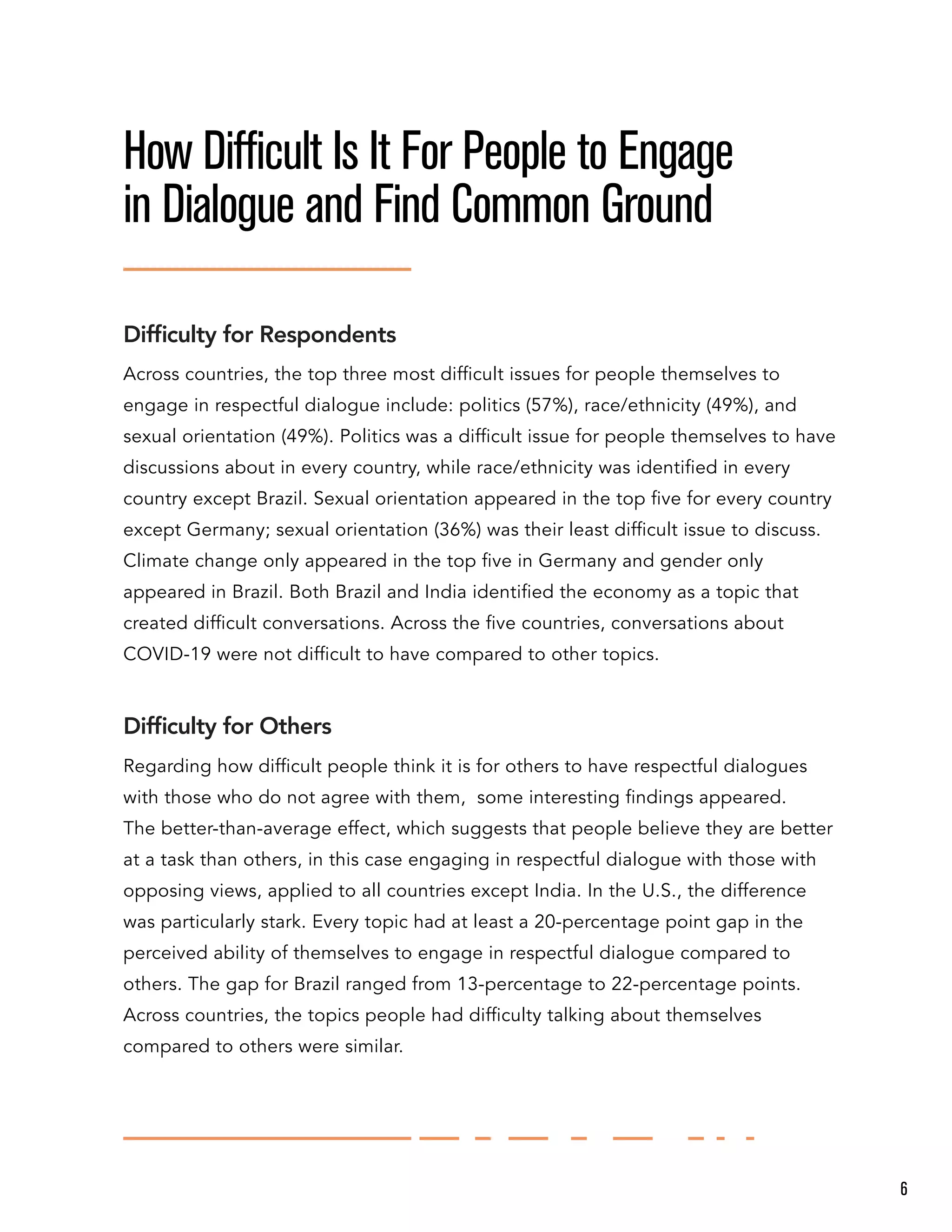 Across countries, the top three most difﬁcult issues for people themselves to
engage in respectful dialogue include: politics (57%), race/ethnicity (49%), and
sexual orientation (49%). Politics was a difﬁcult issue for people themselves to have
discussions about in every country, while race/ethnicity was identiﬁed in every
country except Brazil. Sexual orientation appeared in the top ﬁve for every country
except Germany; sexual orientation (36%) was their least difﬁcult issue to discuss.
Climate change only appeared in the top ﬁve in Germany and gender only
appeared in Brazil. Both Brazil and India identiﬁed the economy as a topic that
created difﬁcult conversations. Across the ﬁve countries, conversations about
COVID-19 were not difﬁcult to have compared to other topics.
Regarding how difﬁcult people think it is for others to have respectful dialogues
with those who do not agree with them, some interesting ﬁndings appeared.
The better-than-average effect, which suggests that people believe they are better
at a task than others, in this case engaging in respectful dialogue with those with
opposing views, applied to all countries except India. In the U.S., the difference
was particularly stark. Every topic had at least a 20-percentage point gap in the
perceived ability of themselves to engage in respectful dialogue compared to
others. The gap for Brazil ranged from 13-percentage to 22-percentage points.
Across countries, the topics people had difﬁculty talking about themselves
compared to others were similar.
How Difficult Is It For People to Engage
in Dialogue and Find Common Ground
Difﬁculty for Respondents
Difﬁculty for Others
6
 