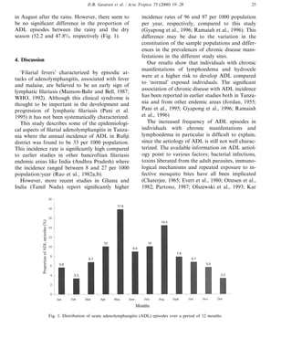 D.B. Gasarasi et al. / Acta Tropica 75 (2000) 19–28 25
in August after the rains. However, there seem to
be no significant difference in the proportion of
ADL episodes between the rainy and the dry
season (52.2 and 47.8%, respectively (Fig. 1).
4. Discussion
‘Filarial fevers’ characterized by episodic at-
tacks of adenolymphangitis, associated with fever
and malaise, are believed to be an early sign of
lymphatic filariasis (Manson-Bahr and Bell, 1987;
WHO, 1992). Although this clinical syndrome is
thought to be important in the development and
progression of lymphatic filariasis (Pani et al.
1995) it has not been systematically characterized.
This study describes some of the epidemiologi-
cal aspects of filarial adenolymphangitis in Tanza-
nia where the annual incidence of ADL in Rufiji
district was found to be 33 per 1000 population.
This incidence rate is significantly high compared
to earlier studies in other bancroftian filariasis
endemic areas like India (Andhra Pradesh) where
the incidence ranged between 8 and 27 per 1000
population/year (Rao et al., 1982a,b).
However, more recent studies in Ghana and
India (Tamil Nadu) report significantly higher
incidence rates of 96 and 97 per 1000 population
per year, respectively, compared to this study
(Gyapong et al., 1996; Ramaiah et al., 1996). This
difference may be due to the variation in the
constitution of the sample populations and differ-
ences in the prevalences of chronic disease mani-
festations in the different study sites.
Our results show that individuals with chronic
manifestations of lymphoedema and hydrocele
were at a higher risk to develop ADL compared
to ‘normal’ exposed individuals. The significant
association of chronic disease with ADL incidence
has been reported in earlier studies both in Tanza-
nia and from other endemic areas (Jordan, 1955;
Pani et al., 1995; Gyapong et al., 1996; Ramaiah
et al., 1996)
The increased frequency of ADL episodes in
individuals with chronic manifestations and
lymphoedema in particular is difficult to explain,
since the aetiology of ADL is still not well charac-
terized. The available information on ADL aetiol-
ogy point to various factors; bacterial infections,
toxins liberated from the adult parasites, immuno-
logical mechanisms and repeated exposure to in-
fective mosquito bites have all been implicated
(Chaterjee, 1965; Evert et al., 1980; Ottesen et al.,
1982; Partono, 1987; Olszewski et al., 1993; Kar
Fig. 1. Distribution of acute adenolymphangitis (ADL) episodes over a period of 12 months.