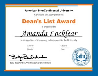 American InterContinental University
Certificate of Accomplishment
Dean’s List Award
is presented to
In recognition of exemplary achievement in the University
Amanda Locklear
Betsy Balachandran, Vice President of Student Affairs
A1601P
Quarter
4/8/2016
Date
 