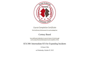  
Cortney Beard
ICS-300: Intermediate ICS for Expanding Incidents
18 Hours 0 Min
on Wednesday, October 07, 2015
                                                                                                                                                                          
 