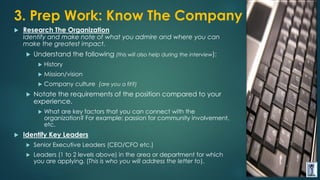 3. Prep Work: Know The Company
 Research The Organization
Identify and make note of what you admire and where you can
mak...