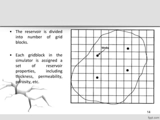 • The reservoir is divided
into number of grid
blocks.
• Each gridblock in the
simulator is assigned a
set of reservoir
properties, including
thickness, permeability,
porosity, etc.
14
 