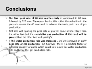Conclusions
• The Gas peak rate of 40 acre reaches early as compared to 80 acre
followed by 120 acre. The reason behind this is that the reduction in the
pressure causes the 40 acre well to achieve the early peak rate of gas
production
• 120 acre well spacing the peak rate of gas will come at later stage than
the other two but the cumulative gas production of that well will be
greater than the other two well spacing’s.
• If the water production rate was increased , we will achieved an early
peak rate of gas production but however there is a limiting factor of
pumping capacity of pump which could slow down our water production
rate and hence the gas production rate.
25
 