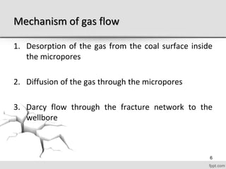 Mechanism of gas flow
1. Desorption of the gas from the coal surface inside
the micropores
2. Diffusion of the gas through the micropores
3. Darcy flow through the fracture network to the
wellbore
6
 