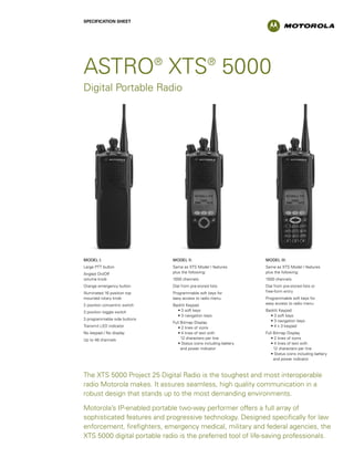 Specification sheet
ASTRO®
XTS®
5000
Digital Portable Radio
MODEL I:
Large PTT button
Angled On/Off
volume knob
Orange emergency button
Illuminated 16 position top
mounted rotary knob
2 position concentric switch
3 position toggle switch
3 programmable side buttons
Transmit LED indicator
No keypad / No display
Up to 48 channels
The XTS 5000 Project 25 Digital Radio is the toughest and most interoperable
radio Motorola makes. It assures seamless, high quality communication in a
robust design that stands up to the most demanding environments.
Motorola’s IP-enabled portable two-way performer offers a full array of
sophisticated features and progressive technology. Designed specifically for law
enforcement, firefighters, emergency medical, military and federal agencies, the
XTS 5000 digital portable radio is the preferred tool of life-saving professionals.
MODEL II:
Same as XTS Model I features
plus the following:
1000 channels
Dial from pre-stored lists
Programmable soft keys for
easy access to radio menu
Backlit Keypad
	 • 3 soft keys
	 • 3 navigation keys
Full Bitmap Display
	 • 2 lines of icons
	 • 4 lines of text with
	 12 characters per line
	 • Status icons including battery
	 and power indicator
MODEL III:
Same as XTS Model I features
plus the following:
1000 channels
Dial from pre-stored lists or
free-form entry
Programmable soft keys for
easy access to radio menu
Backlit Keypad
	 • 3 soft keys
	 • 3 navigation keys
	 • 4 x 3 keypad
Full Bitmap Display
	 • 2 lines of icons
	 • 4 lines of text with
	 12 characters per line
	 • Status icons including battery
	 and power indicator
 