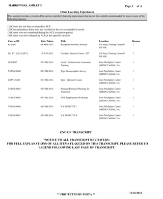 Page of3
11/16/2016
** PROTECTED BY FERPA **
MARKOWSKI, ASHLEY E 4
RECBN
081 F31 (CLC) (IET)
JS-US007
TGPS-US000
J3OP-US260
TGPS-US003
TGPS-US004
TGPS-US006
TGPS-US007
Course ID Date Taken Title Location Reason
(1) Course has not been evaluated by ACE.
(2) Class attendance dates were not recorded in the service member's record.
(3) Course was not completed during the ACE evaluation period.
(4) Course was not evaluated by ACE at this specific location.
Other Learning Experiences
Reception Battalion Attrition
Combat Lifesaver Course - IET
Level I Antiterrorism Awareness
Training
Tgps Demographics Survey
Eprc - Operator Course
Personal Financial Planning for
Transition
DOL Employment Workshop
VA BENEFITS I
VA BENEFITS II
US Army Training Center Ft
Sill OK
US Army Training Center Ft
Sill OK
Joint Warfighter Center
(JKDDC) Suffolk, VA
Joint Warfighter Center
(JKDDC) Suffolk, VA
Joint Warfighter Center
(JKDDC) Suffolk, VA
Joint Warfighter Center
(JKDDC) Suffolk, VA
Joint Warfighter Center
(JKDDC) Suffolk, VA
Joint Warfighter Center
(JKDDC) Suffolk, VA
Joint Warfighter Center
(JKDDC) Suffolk, VA
1
1
1
1
1
1
1
1
1
08-APR-2015
15-JUN-2015
02-FEB-2016
02-FEB-2016
03-FEB-2016
03-FEB-2016
03-FEB-2016
03-FEB-2016
03-FEB-2016
This section provides a record of the service member's learning experiences that do not have credit recommended for one or more of the
following reasons:
END OF TRANSCRIPT
*NOTICE TO ALL TRANSCRIPT REVIEWERS:
FOR FULL EXPLANATIONS OF ALL ITEMS FLAGGED ON THIS TRANSCRIPT, PLEASE REFER TO
LEGEND FOLLOWING LAST PAGE OF TRANSCRIPT.
 