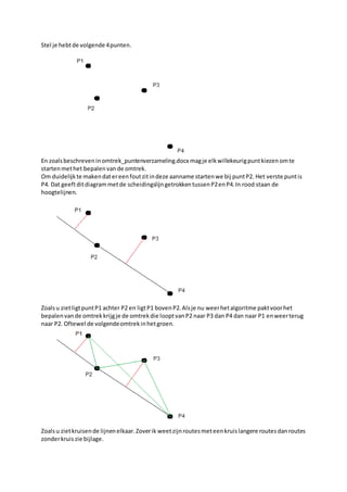 Stel je hebtde volgende 4punten.
En zoalsbeschreveninomtrek_puntenverzameling.docx magje elkwillekeurigpuntkiezenomte
startenmethet bepalenvande omtrek.
Om duidelijkte makendatereenfoutzitindeze aanname startenwe bij puntP2. Het verste puntis
P4. Dat geeftditdiagrammetde scheidingslijngetrokkentussenP2enP4.In rood staan de
hoogtelijnen.
Zoalsu zietligtpuntP1 achter P2 en ligtP1 bovenP2.Alsje nu weerhetalgoritme paktvoorhet
bepalenvande omtrekkrijgje de omtrekdie looptvanP2 naar P3 dan P4 dan naar P1 enweerterug
naar P2. Oftewel de volgendeomtrekinhetgroen.
Zoalsu zietkruisende lijnenelkaar.Zoverik weetzijnroutesmeteenkruislangere routesdanroutes
zonderkruis zie bijlage.
 