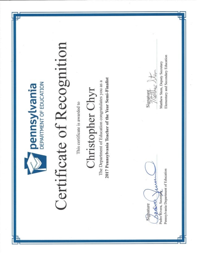 PA Teacher of the Year Semifinalist Certificate