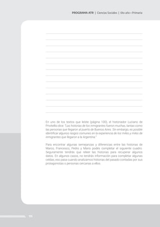 115
PROGRAMA ATR | Ciencias Sociales | 6to año • Primaria
En uno de los textos que leíste (página 100), el historiador Luciano de
Privitellio dice: “Las historias de los inmigrantes fueron muchas, tantas como
las personas que llegaron al puerto de Buenos Aires. Sin embargo, es posible
identificar algunos rasgos comunes en la experiencia de los miles y miles de
inmigrantes que llegaron a la Argentina.”
Para encontrar algunas semejanzas y diferencias entre las historias de
Marco, Francesco, Pedro y Mario podés completar el siguiente cuadro.
Seguramente tendrás que releer las historias para recuperar algunos
datos. En algunos casos, no tendrás información para completar algunas
celdas; eso pasa cuando analizamos historias del pasado contadas por sus
protagonistas o personas cercanas a ellos.
 