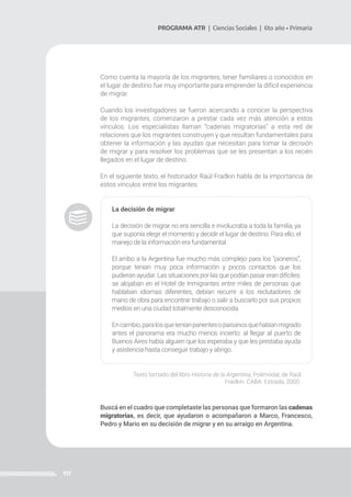 117
PROGRAMA ATR | Ciencias Sociales | 6to año • Primaria
Como cuenta la mayoría de los migrantes, tener familiares o conocidos en
el lugar de destino fue muy importante para emprender la difícil experiencia
de migrar.
Cuando los investigadores se fueron acercando a conocer la perspectiva
de los migrantes, comenzaron a prestar cada vez más atención a estos
vínculos. Los especialistas llaman “cadenas migratorias” a esta red de
relaciones que los migrantes construyen y que resultan fundamentales para
obtener la información y las ayudas que necesitan para tomar la decisión
de migrar y para resolver los problemas que se les presentan a los recién
llegados en el lugar de destino.
En el siguiente texto, el historiador Raúl Fradkin habla de la importancia de
estos vínculos entre los migrantes.
La decisión de migrar
La decisión de migrar no era sencilla e involucraba a toda la familia, ya
que suponía elegir el momento y decidir el lugar de destino. Para ello, el
manejo de la información era fundamental.
El arribo a la Argentina fue mucho más complejo para los “pioneros”,
porque tenían muy poca información y pocos contactos que los
pudieran ayudar. Las situaciones por las que podían pasar eran difíciles:
se alojaban en el Hotel de Inmigrantes entre miles de personas que
hablaban idiomas diferentes, debían recurrir a los reclutadores de
mano de obra para encontrar trabajo o salir a buscarlo por sus propios
medios en una ciudad totalmente desconocida.
Encambio,paralosqueteníanparientesopaisanosquehabíanmigrado
antes el panorama era mucho menos incierto: al llegar al puerto de
Buenos Aires había alguien que los esperaba y que les prestaba ayuda
y asistencia hasta conseguir trabajo y abrigo.
Texto tomado del libro Historia de la Argentina, Polimodal, de Raúl
Fradkin. CABA: Estrada, 2000.
Buscá en el cuadro que completaste las personas que formaron las cadenas
migratorias, es decir, que ayudaron o acompañaron a Marco, Francesco,
Pedro y Mario en su decisión de migrar y en su arraigo en Argentina.
 