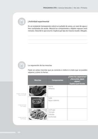 139
PROGRAMA ATR | Ciencias Naturales | 6to año • Primaria
| Actividad experimental
En un recipiente transparente colocá un puñado de arena, un vaso de agua y
tres cucharadas de aceite. Mezclá los componentes y dejalos reposar unos
minutos. Describí lo que ocurrió. Explicá qué tipo de mezcla resultó. Dibujalo.
La separación de las mezclas
Fijate en estas mezclas que ya conocés e indicá si creés que se pueden
separar y cómo lo harías.
Mezclas Componentes
¿Cómo los separarías?
¿Necesitás algún
objeto?
Explicá qué hiciste
Arena
Alfileres
Café
Agua caliente
Lechuga
Tomate
Cebolla
Aceitunas
Imagen tomada
de Pixabay.
Imagen tomada del
blog CienciaBF.
Imagen tomada
de Pixabay.
 