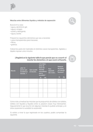 142
Mezclas entre diferentes líquidos y métodos de separación
Buscá en tu casa:
• agua y alcohol en gel;
• agua y vinagre;
• aceite y detergente;
• agua y aceite.
Prepará los siguientes elementos que vas a necesitar:
• vasos transparentes para trasvasar;
• filtros;
• goteros.
Colocá los pares de materiales en distintos vasos transparentes. Agitalos y
dejalos reposar unos minutos.
| Registrá en la siguiente tabla lo que pensás que va a ocurrir al
mezclar los elementos y lo que ocurre al hacerlo.
Mezcla
¿Qué te
parece que
sucederá al
mezclar…?
Qué sucedió
al mezclar…
¿Tus ideas
antes de
hacer las
mezclas
coincidieron
con lo
sucedido?
Para
separarla
vas a usar…
Después
de probar,
¿el método
funcionó?
Sí No
Sí No
Como viste, al realizar las mezclas que te propusimos de sólidos con sólidos,
sólidos con líquidos y líquidos entre sí, pasaron cosas muy interesantes.
Seguramente lo que ocurrió con algunas mezclas lo pudiste anticipar, y en
otras ocasiones lo sucedido te sorprendió.
Si volvés a mirar lo que registraste en los cuadros, podés comprobar lo
siguiente.
 