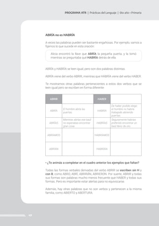 49
PROGRAMA ATR | Prácticas del Lenguaje | 6to año • Primaria
ABRÍA no es HABRÍA
A veces las palabras pueden ser bastante engañosas. Por ejemplo, vamos a
fijarnos lo que sucede en esta oración:
Alicia encontró la llave que ABRÍA la pequeña puerta, y la tomó
mientras se preguntaba qué HABRÍA detrás de ella.
ABRÍA y HABRÍA se leen igual, pero son dos palabras distintas.
ABRÍA viene del verbo ABRIR, mientras que HABRÍA viene del verbo HABER.
Te mostramos otras palabras pertenecientes a estos dos verbos que se
leen igual pero se escriben en forma diferente:
ABRIR HABER
ABRÍA
El hombre abría las
puertas.
HABRÍA
De haber podido elegir,
el hombre no habría
trabajado abriendo
puertas.
ABRÍAS
Mientras abrías ese baúl
no esperabas encontrar
gran cosa.
HABRÍAS
Seguramente habrías
preferido encontrar un
baúl lleno de oro.
ABRÍAMOS HABRÍAMOS
ABRÍAN HABRÍAN
• ¿Te animás a completar en el cuadro anterior los ejemplos que faltan?
Todas las formas verbales derivadas del verbo ABRIR se escriben sin H y
con B, como ABRO, ABRÍ, ABRIRÁN, ABRIERON. Por suerte, ABRIR y todas
sus formas son palabras mucho menos frecuente que HABER y todas sus
formas. Pero es importante estar alertas para no equivocarse.
Además, hay otras palabras que no son verbos y pertenecen a la misma
familia, como ABIERTO y ABERTURA.
 