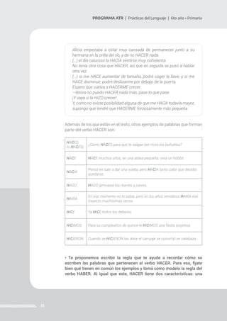 51
PROGRAMA ATR | Prácticas del Lenguaje | 6to año • Primaria
Alicia empezaba a estar muy cansada de permanecer junto a su
hermana en la orilla del río, y de no HACER nada.
(…) el día caluroso la HACÍA sentirse muy soñolienta.
No tenía otra cosa que HACER, así que en seguida se puso a hablar
otra vez.
(…) si me HACE aumentar de tamaño, podré coger la llave; y si me
HACE disminuir, podré deslizarme por debajo de la puerta.
Espero que vuelva a HACERME crecer.
—Ahora no puedo HACER nada más, pase lo que pase.
¡Y vaya si la HIZO crecer!
Y, como no existe posibilidad alguna de que me HAGA todavía mayor,
supongo que tendré que HACERME forzosamente más pequeña.
Además de los que están en el texto, otros ejemplos de palabras que forman
parte del verbo HACER son:
HACES
(o HACÉS)
¿Cómo HACÉS para que te salgan tan ricos los buñuelos?
HACE HACE muchos años, en una aldea pequeña, vivía un hobbit.
HACÍA
Pensó en salir a dar una vuelta, pero HACÍA tanto calor que decidió
quedarse.
HAGO HAGO gimnasia los martes y jueves.
HARÍA
En ese momento no lo sabía, pero en los años venideros HARÍA ese
trayecto muchísimas veces.
HICE Ya HICE todos los deberes.
HICIMOS Para su cumpleaños de quince le HICIMOS una fiesta sorpresa.
HICIERON Cuando se HICIERON las doce el carruaje se convirtió en calabaza.
• Te proponemos escribir la regla que te ayude a recordar cómo se
escriben las palabras que pertenecen al verbo HACER. Para eso, fijate
bien qué tienen en común los ejemplos y tomá como modelo la regla del
verbo HABER. Al igual que este, HACER tiene dos características: una
 