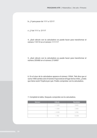 59
PROGRAMA ATR | Matemática | 6to año • Primaria
b- ¿Y para pasar de 1111 a 1211?
c- ¿Y de 1111 a 2111?
4. ¿Qué cálculo con la calculadora se puede hacer para transformar el
número 110110 en el número 111111?
5. ¿Qué cálculo con la calculadora se puede hacer para transformar el
número 205480 en el número 215490?
6. En el visor de la calculadora aparece el número 19564. Teki dice que si
suma1000cambiasoloelnúmero9queestáenellugardelosmiles.¿Creés
que tiene razón? Explicá por qué. Podés comprobar con la calculadora.
7. Completá la tabla. Después comprobá con la calculadora.
Número Cálculo Resultado
+ 7.000 9.000
– 1.200 2.800
– 3.050 5.550
– 700 10.000
 