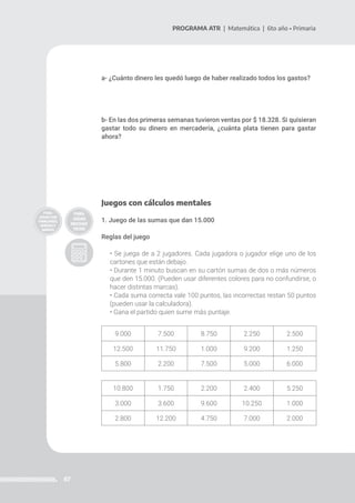 67
PROGRAMA ATR | Matemática | 6to año • Primaria
a- ¿Cuánto dinero les quedó luego de haber realizado todos los gastos?
b- En las dos primeras semanas tuvieron ventas por $ 18.328. Si quisieran
gastar todo su dinero en mercadería, ¿cuánta plata tienen para gastar
ahora?
Juegos con cálculos mentales
1. Juego de las sumas que dan 15.000
Reglas del juego
• Se juega de a 2 jugadores. Cada jugadora o jugador elige uno de los
cartones que están debajo.
• Durante 1 minuto buscan en su cartón sumas de dos o más números
que den 15.000. (Pueden usar diferentes colores para no confundirse, o
hacer distintas marcas).
• Cada suma correcta vale 100 puntos, las incorrectas restan 50 puntos
(pueden usar la calculadora).
• Gana el partido quien sume más puntaje.
9.000 7.500 8.750 2.250 2.500
12.500 11.750 1.000 9.200 1.250
5.800 2.200 7.500 5.000 6.000
10.800 1.750 2.200 2.400 5.250
3.000 3.600 9.600 10.250 1.000
2.800 12.200 4.750 7.000 2.000
 